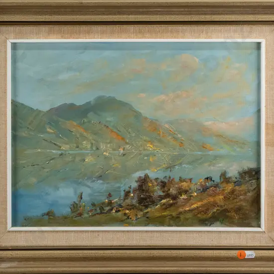 Ray Melhop 1980 - framed watercolour - Frankton Arm of Lake Wakatipu, viewed from Kelvin Heights side H290 W390