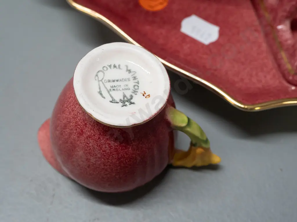 Royal Winton breakfast set with teapot, cup, jug, sugar and toast rack on tray - gilded decoration on coral pink - minor Image 1++