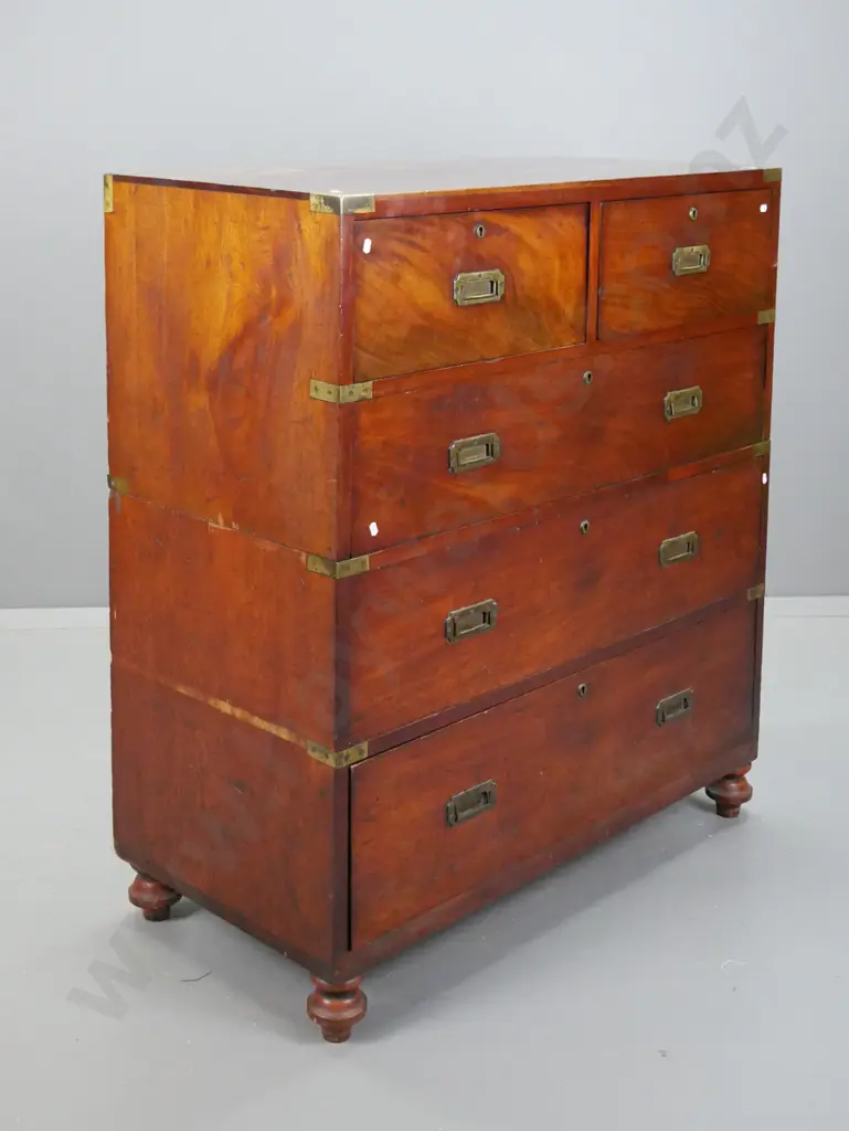 Victorian mahogany campaign 5-drawer chest-on-chest with Ross & Co. Dublin markings inside drawers. W/ brass strapping, Image 1++