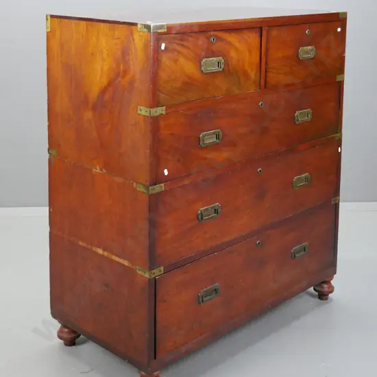 Victorian mahogany campaign 5-drawer chest-on-chest with Ross & Co. Dublin markings inside drawers. W/ brass strapping,