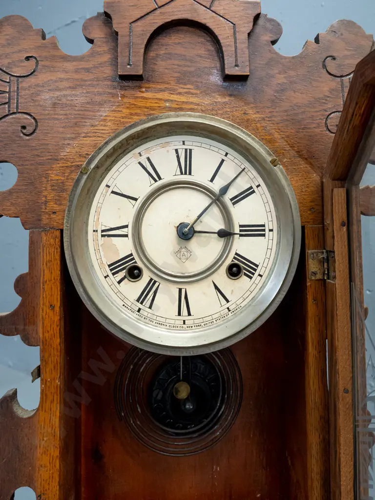 Ansonia mantle clock, carved & pierced decoration, glazed & etched glass door, pendulum key H570 W310 Not going Image 1++