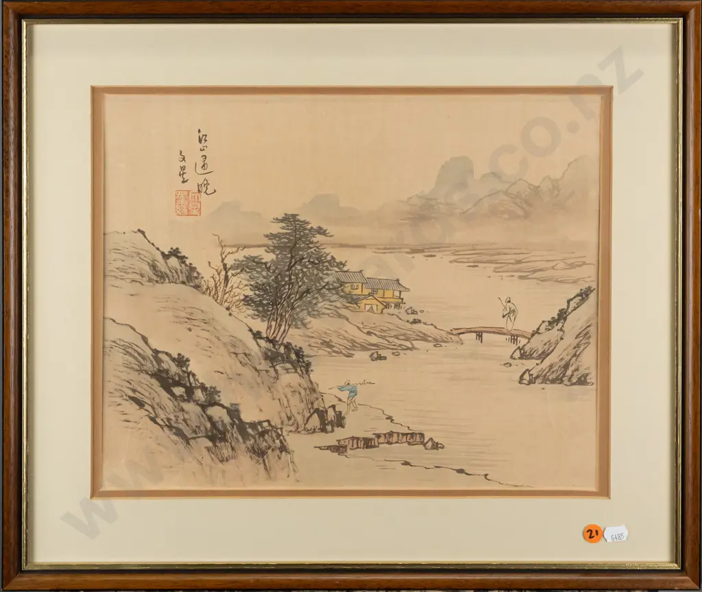 framed Asian watercolour - coastal scene H290 W360 Image 1++