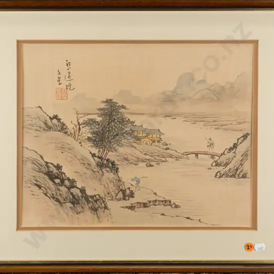 framed Asian watercolour - coastal scene H290 W360