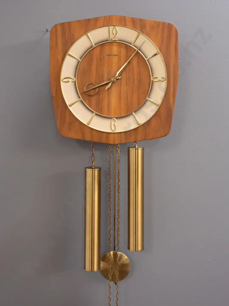 vintage Kieninger pendulum wall clock with teak veneer, brass hands, weights & pendulum. H-680 to bottom of pendulum, Image 1++