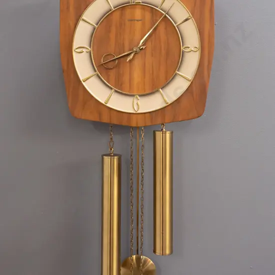 vintage Kieninger pendulum wall clock with teak veneer, brass hands, weights & pendulum. H-680 to bottom of pendulum,