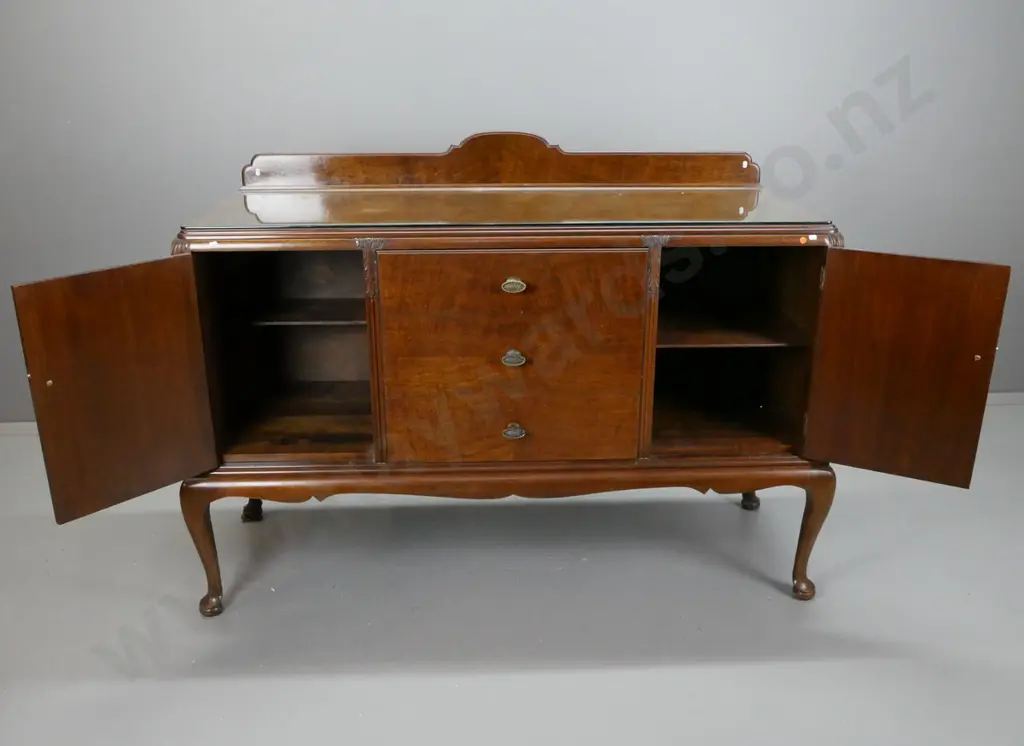 Art Deco walnut buffet sideboard back upstand bookmatched 4-segment walnut top, brass oval fanned knobs, 3 drawers 1 w/ Image 1++