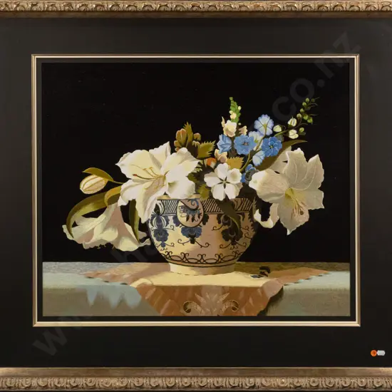 ornate gilt framed needlework - still life flowers Overall H900 W980