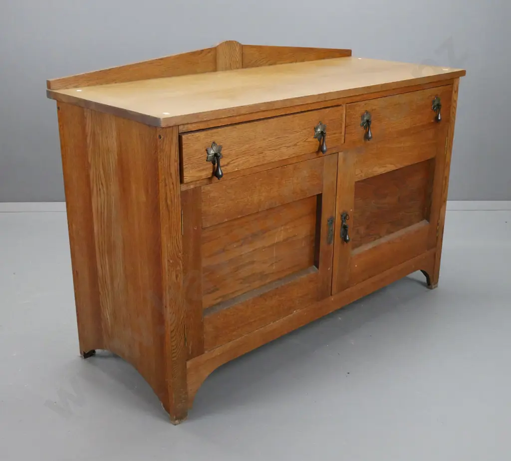 vintage arts & crafts oak sideboard, with 2 long drawers above 2 panel doors, metal drop handles, Image 1++