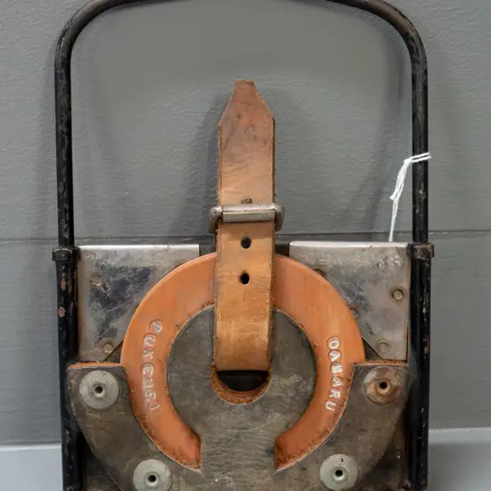 vintage railway tablet holder with replacement tablet marked Oamaru & Pukeuri - original holder has age wear, paint wear