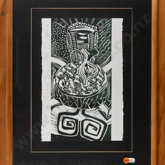 LM Beech 1989 - framed woodblock print 4/6 "The Occasional Table" H280 W190 (under side of glass needs a clean)