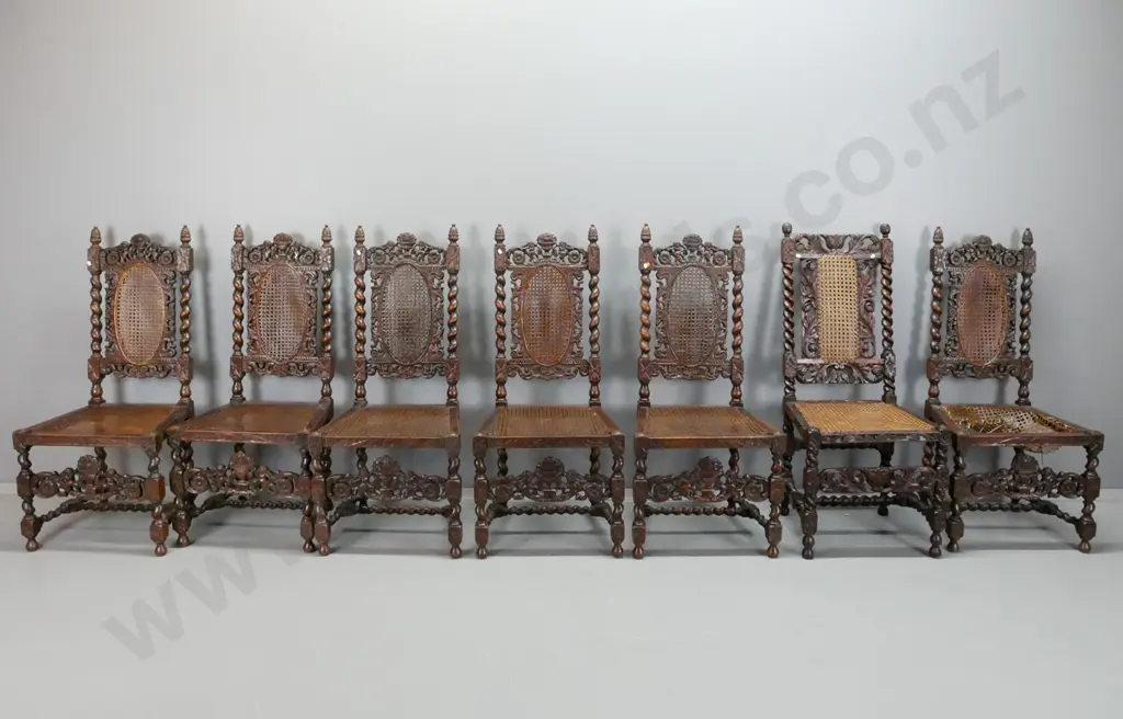 7x 19th century northern European Jacobean style oak dining chairs, 6 matching and one odd, with hand woven cane seat & Image 1++