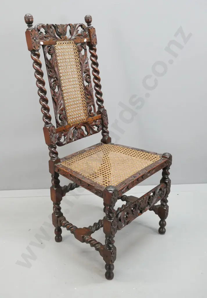 7x 19th century northern European Jacobean style oak dining chairs, 6 matching and one odd, with hand woven cane seat & Image 1++