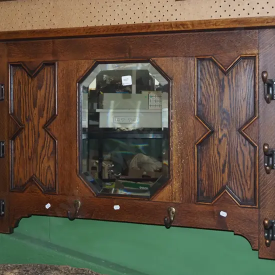 oak wall mounted coat rack with bevelled edge mirror with 6 coat hooks - has borer