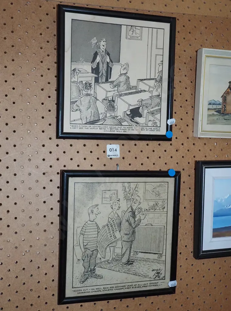 2x framed 1950s cartoons - some damage Image 1++