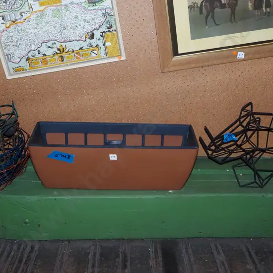 wrought metal rhino figurine, garden trough planter, hanging wire planter baskets