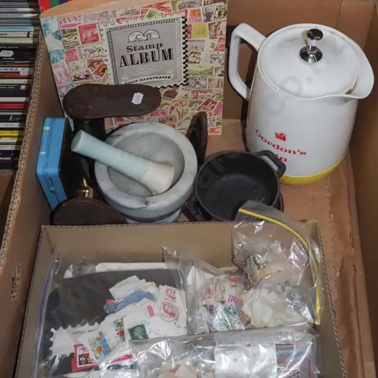 box; plastic jug, stamp album, mortar 