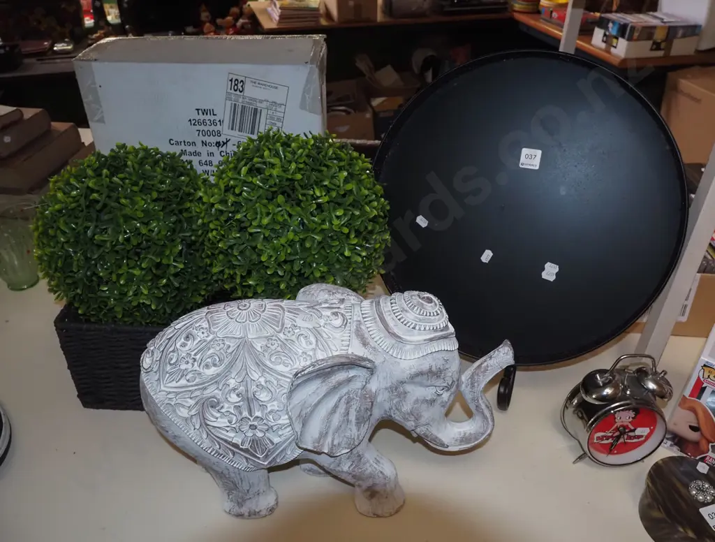tin tray, metal stans, wooden elephant, faux shrubs etc Elephant H300 Image 1++