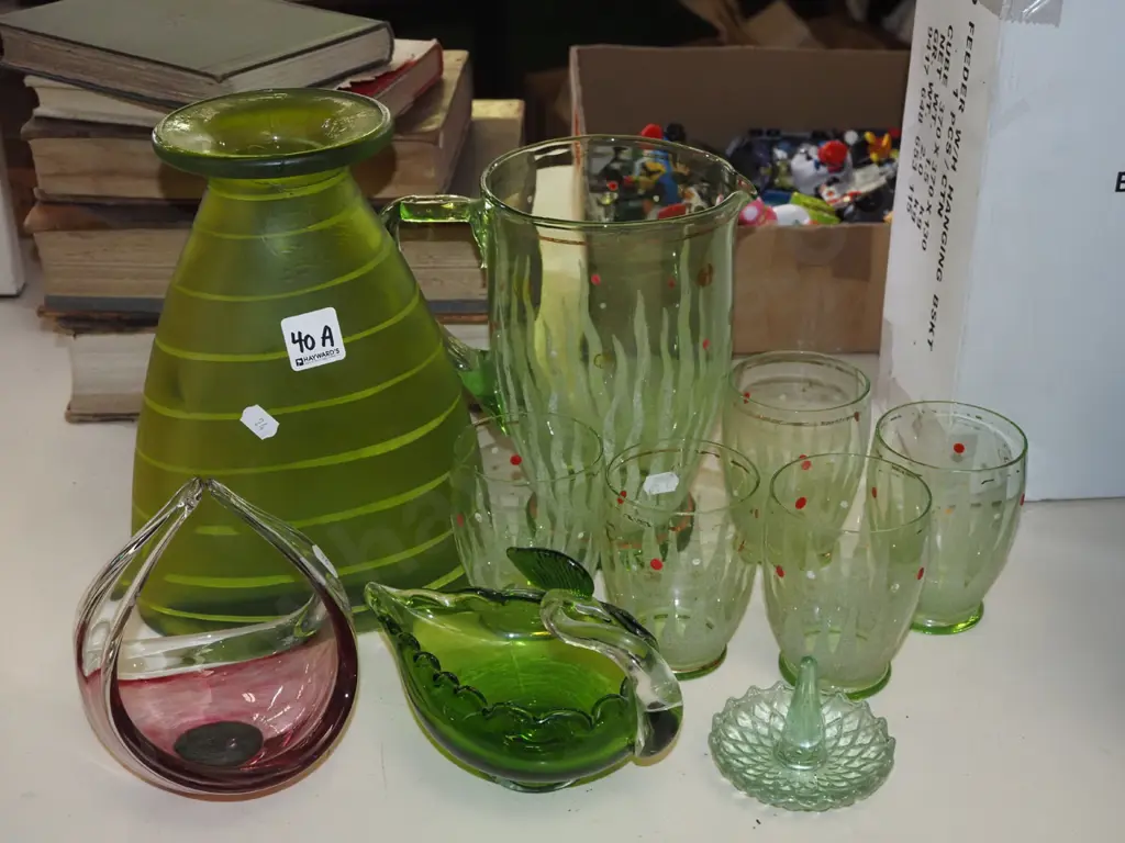 art glass vase, bowls, green glass part water set, ring dish Image 1++