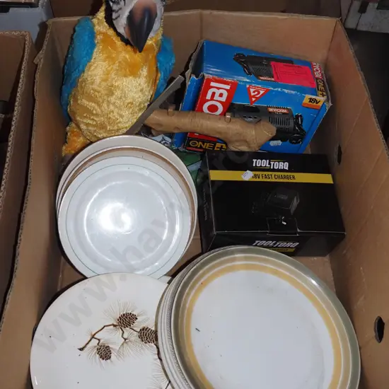box; Crown Lynn plates, Ryobi battery charger etc