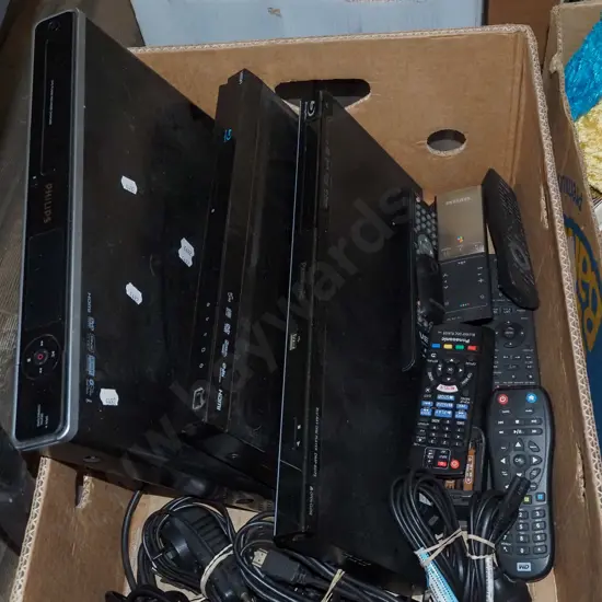 box; DVD players, remotes etc