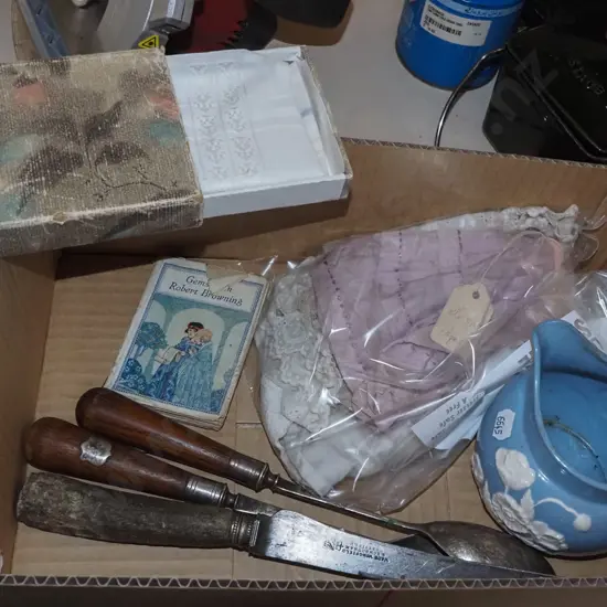 box; oak handled salad servers, blue and white jug etc