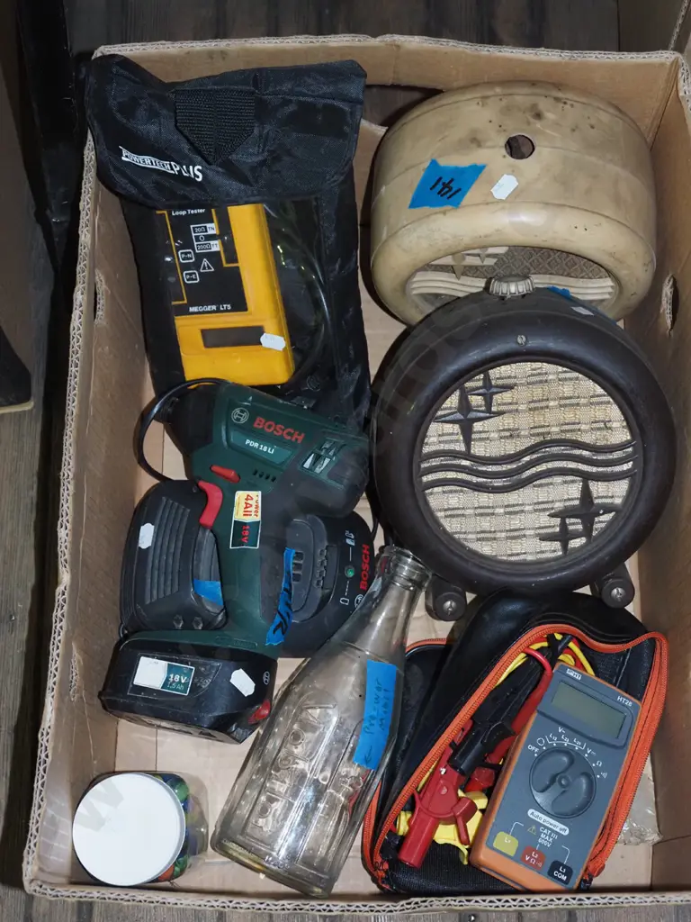 box;  speakers, digital loop tester, Bosch impact driver  etc Image 1++