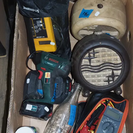 box;  speakers, digital loop tester, Bosch impact driver  etc