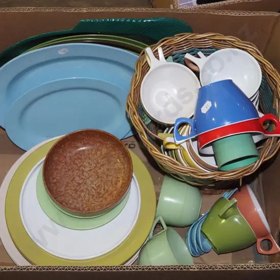 box; plastic duraware plates, cups, basket etc