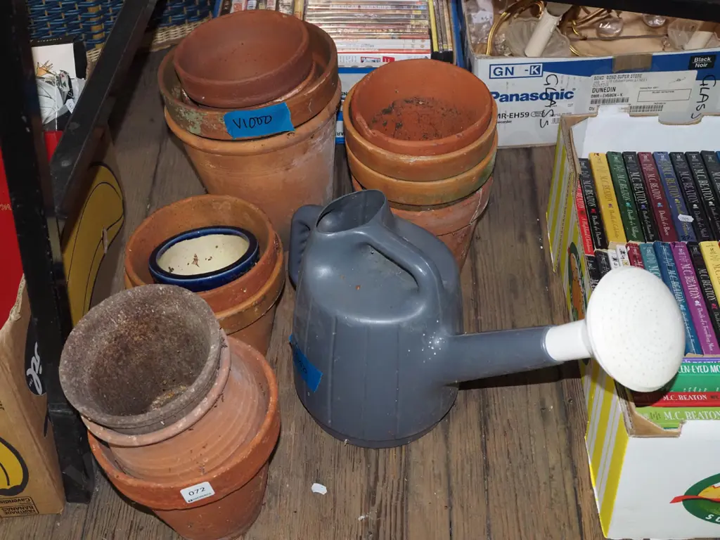 assorted terracotta garden planters, grey plastic watering can - slight crack to rose Image 1++