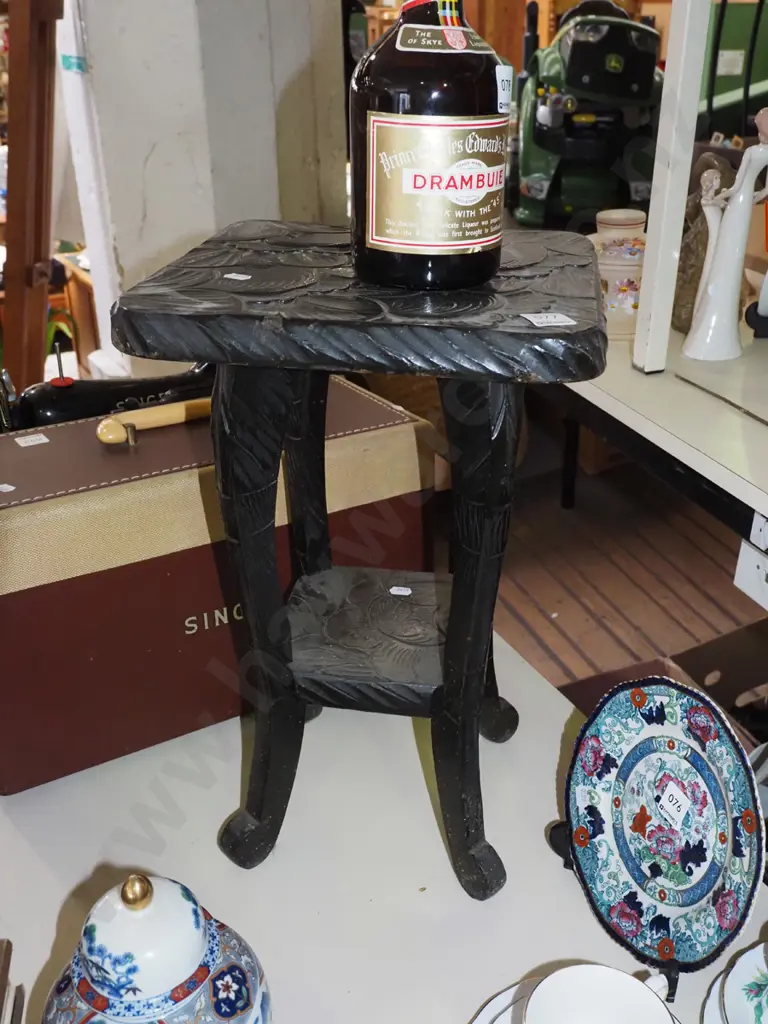ebonised chip carved 2 tier jardiniere stand H460 Image 1++