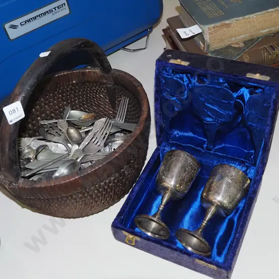 wood and cane basket, cutlery, 2x plated presentation goblets in case