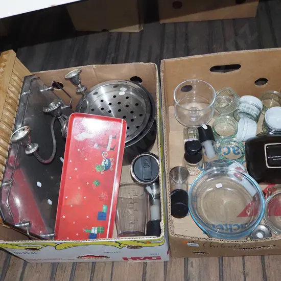 2x boxes; dish rack, tray, candelabra etc