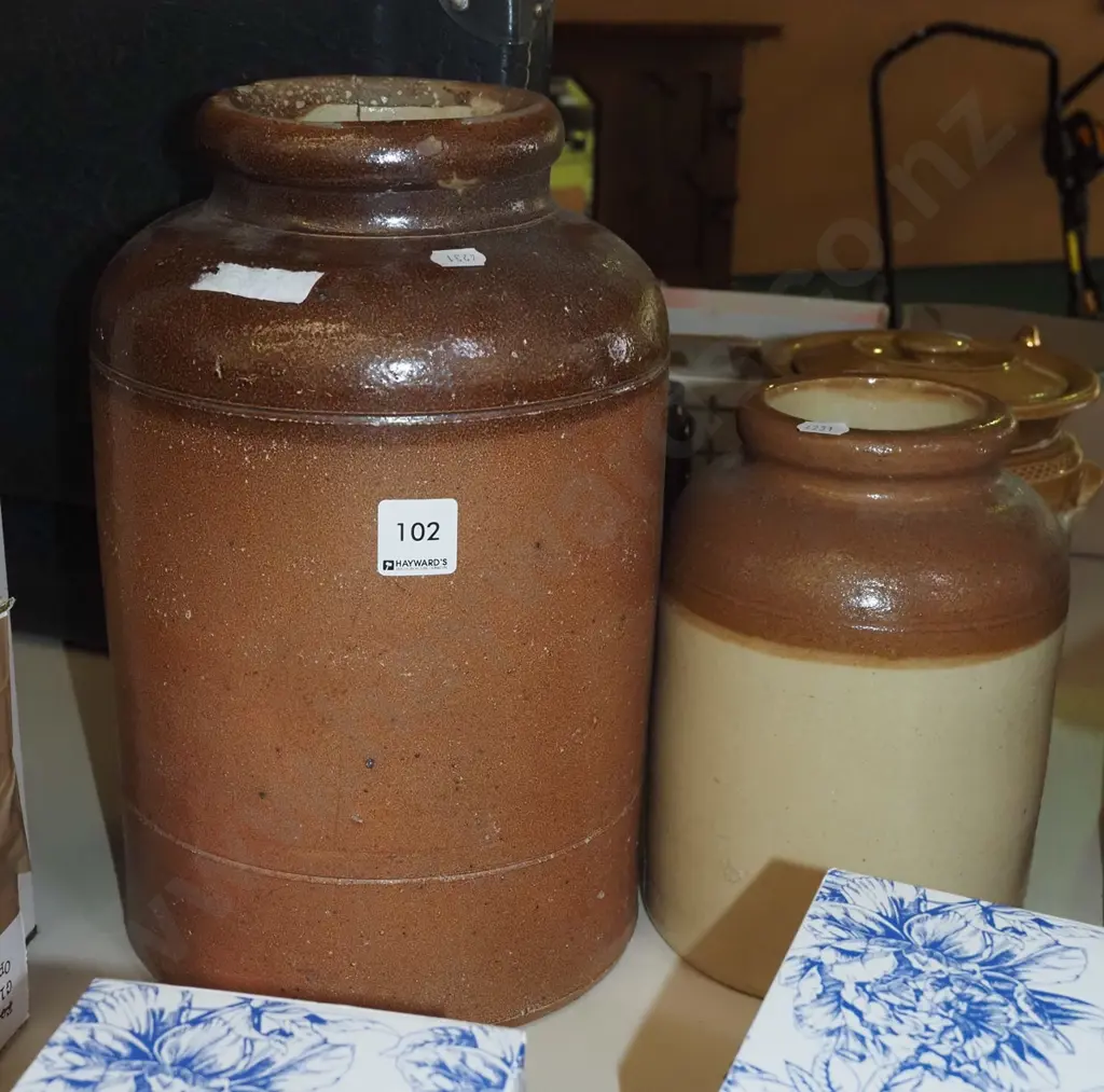 2x stoneware crocks Tallest has repair to rim H320 Image 1++