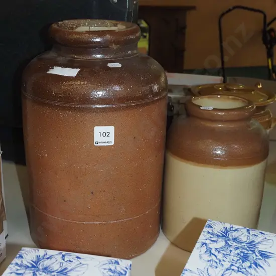 2x stoneware crocks Tallest has repair to rim H320
