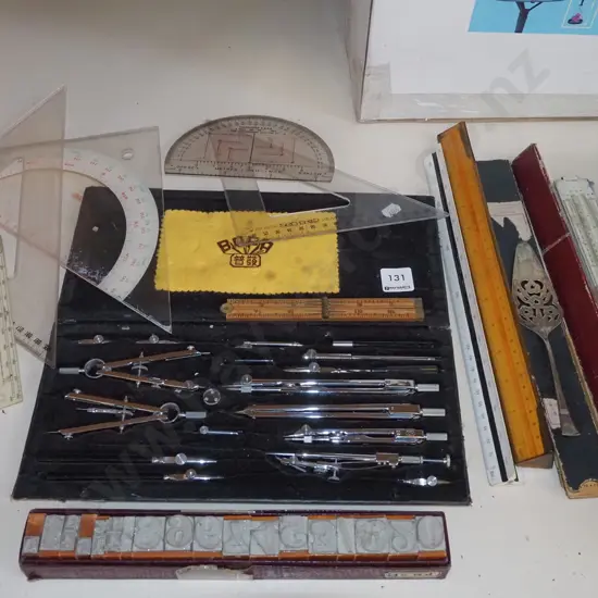 techincal drawing set, rubber stamps etc