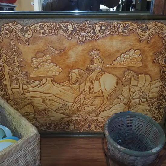 tooled leather artwork - cowboy and horses