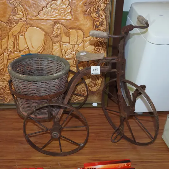 metal wood and cane tricycle themed jardiniere
