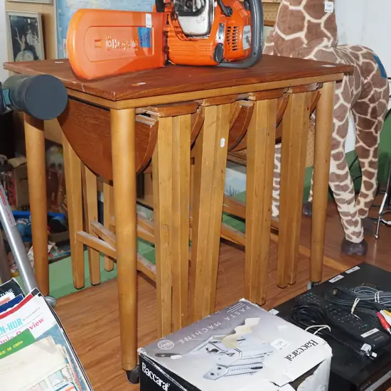 mid century end table with 4x small foldaway tables - partially restored, sanded through veneer