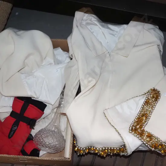 box; beaded cream top, decanter, ski gloves etc