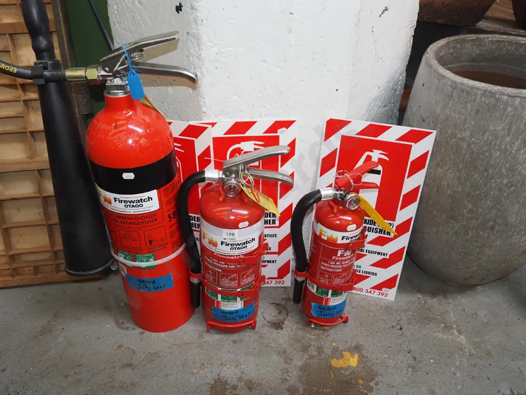 3x fire extiguishers with signs - all tested July 2025 Image 1++