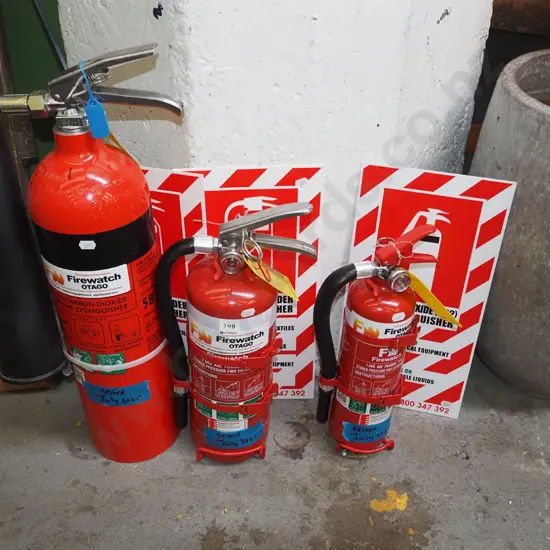 3x fire extiguishers with signs - all tested July 2025