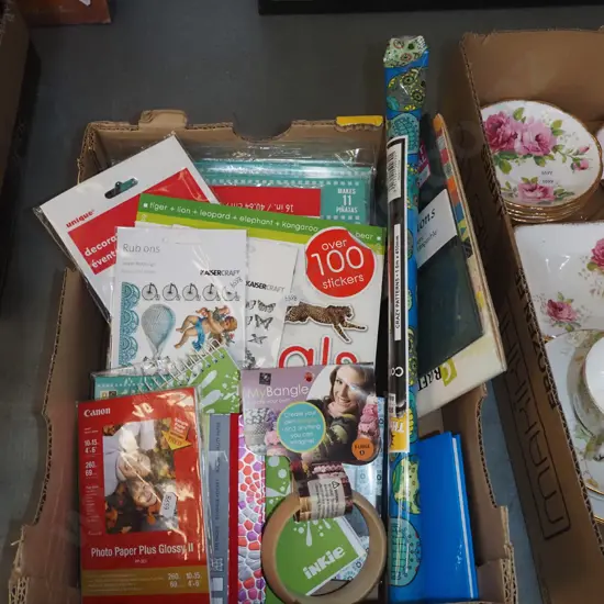 box of crafting supplies, cards etc