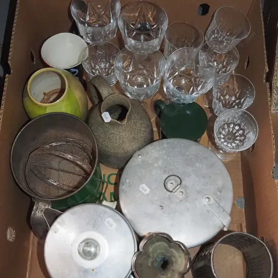 box; flour sifter, wine glasses etc