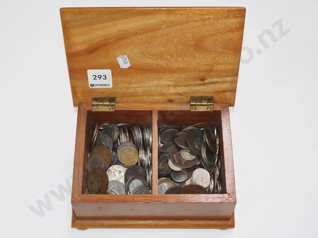 lidded mahogany box and coins Image 1++