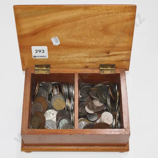 lidded mahogany box and coins
