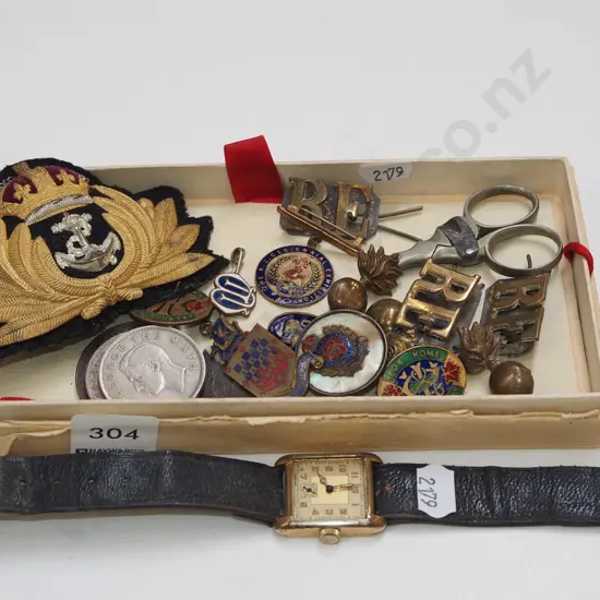 box; naval officers hat badge, coins, wristwatch, badges etc