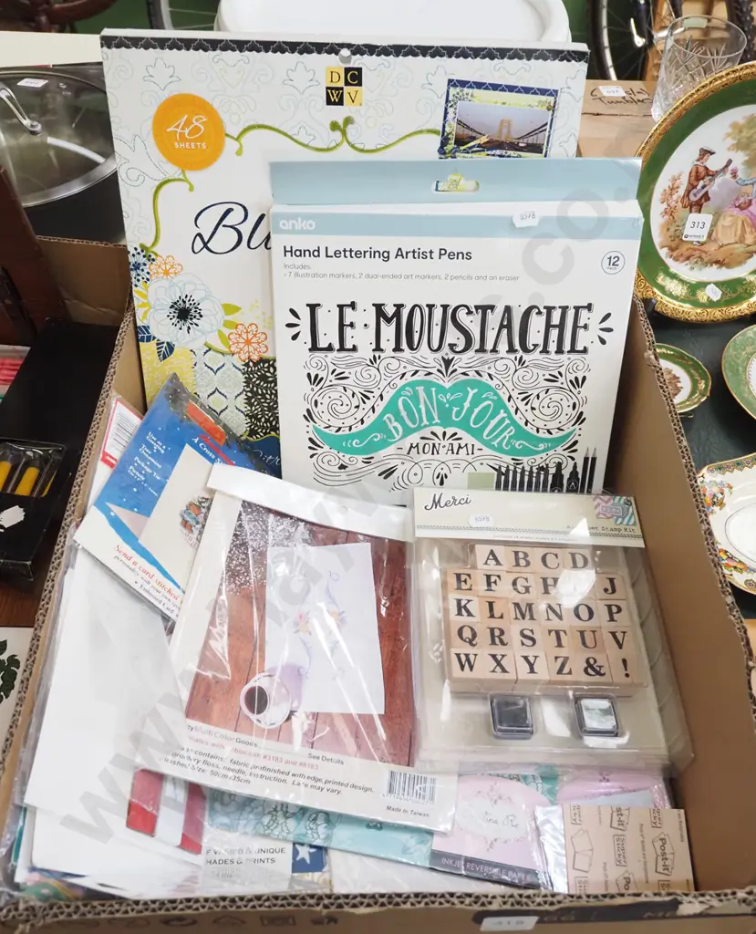 box; stamps, knitting needles, needlework kits etc Image 1++