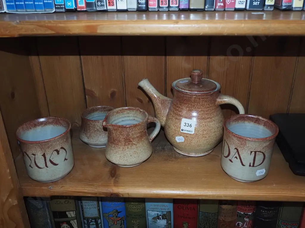 studio pottery mum and dad 5 piece tea set - sugar has repairs Image 1++