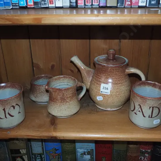studio pottery mum and dad 5 piece tea set - sugar has repairs