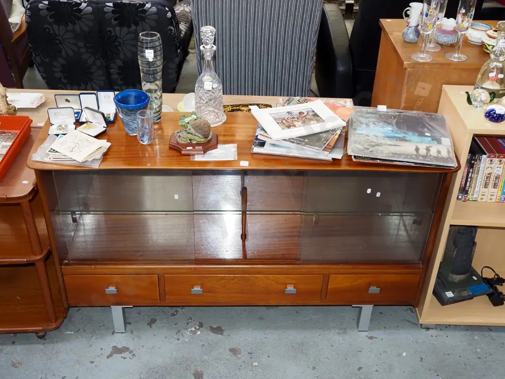 mahogany sideboard with 3 drawers, sliding glass display glass doors -updated handles and legs  Image 1++